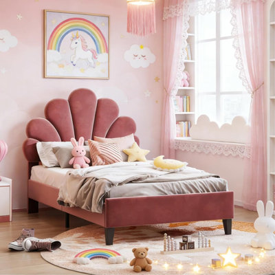 Single Bed, 90 x 200 cm, Children's Bed with Adjustable Headboard, Bed Frame with Box Spring Frame, Princess Bed, Girls Bed, Velvet