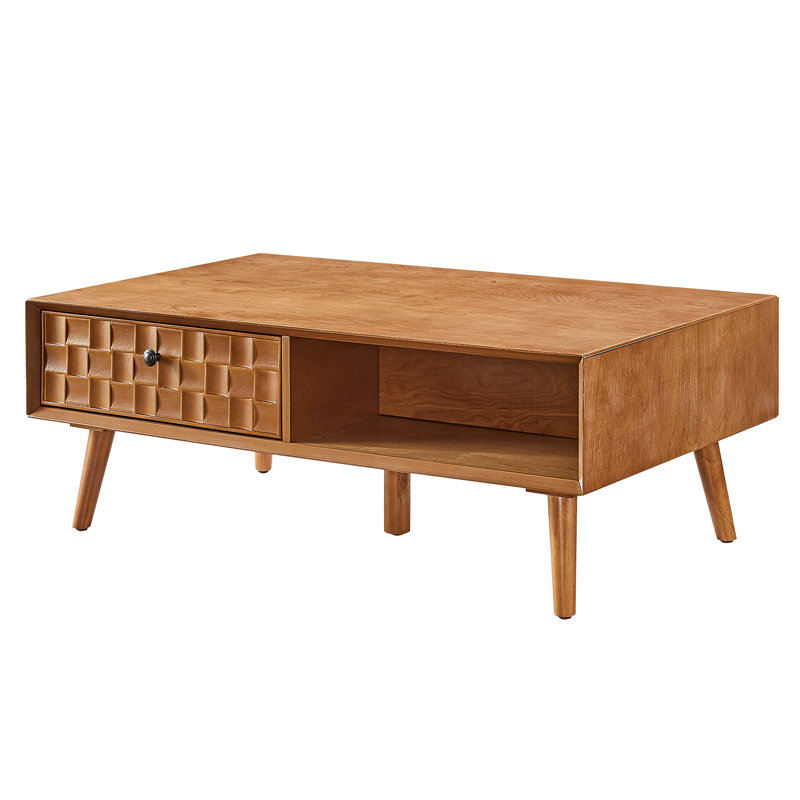Mid-Century Coffee Table with Storage, Wood Living Room Table with Drawer and Open Shelf