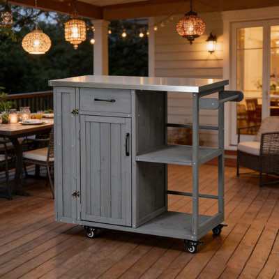 Outdoor Kitchen Island Fir Wood Prep Station Lockable Kitchen Cart with Stainless Top, Ample Storage Space