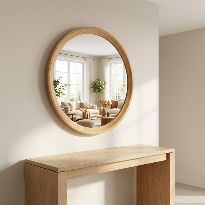 Miroir mural rond en bois massif de 23,62 pouces, convenant aux meubles-lavabos / salons, Chêne
