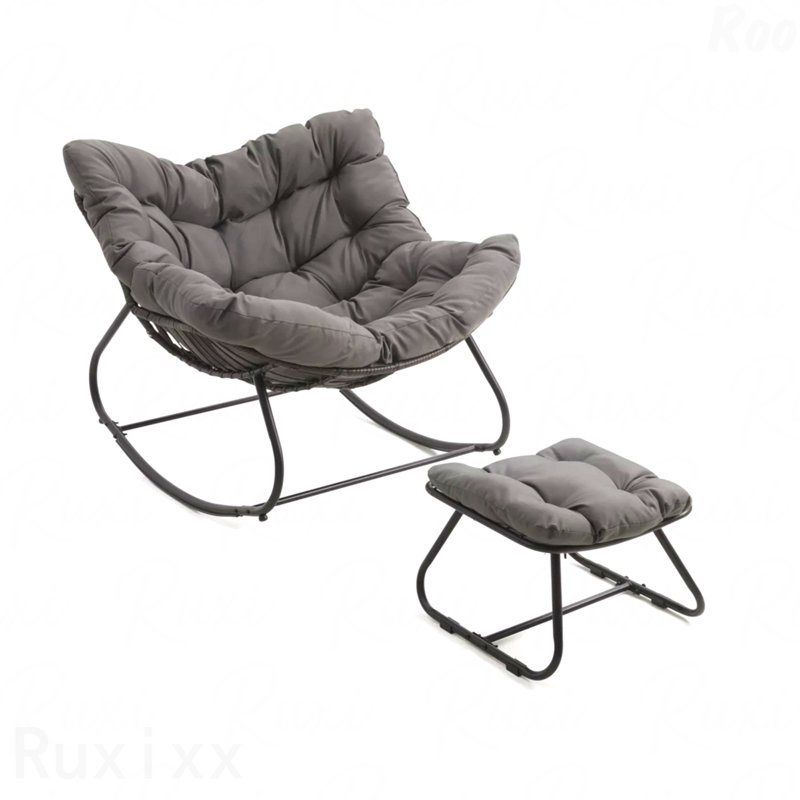Dark Gray Egg Rocking Chair With Ottoman, All-Weather Wicker Lounge & Cushions, Gray