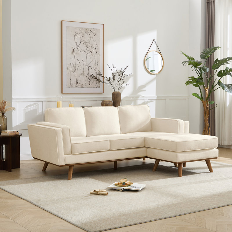 84″ Wide Reversible Sectional Sofa with Chaise, Beige Chenille