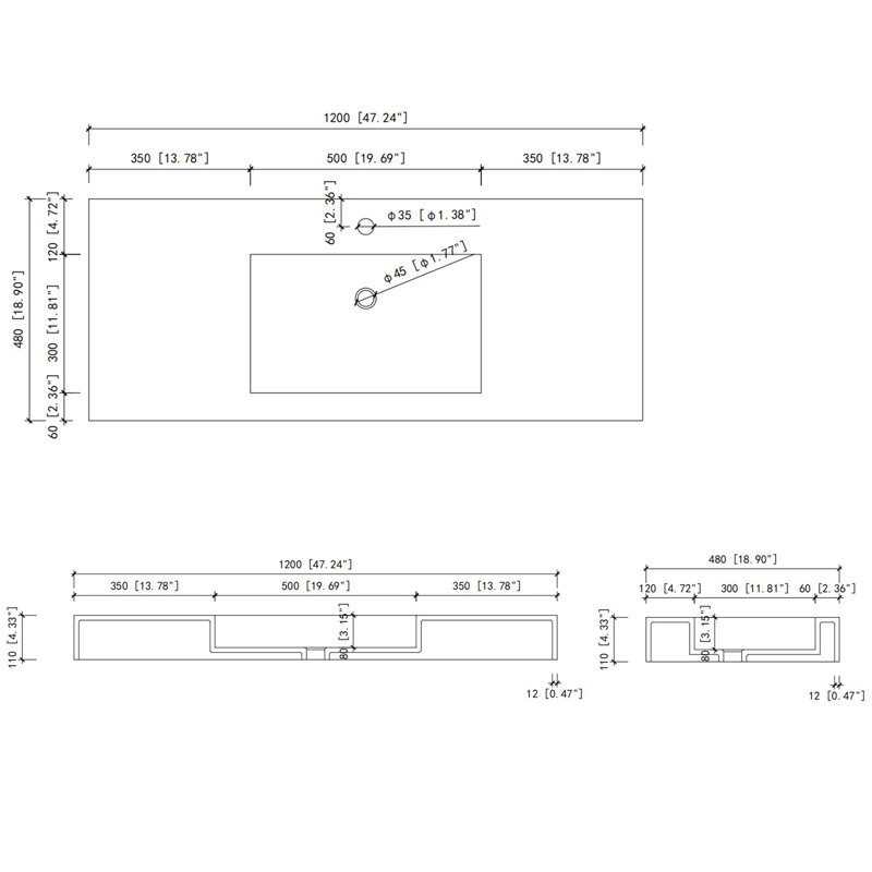 Lavabo de meuble-lavabo de salle de bain en résine de pierre noire mate avec profondeur de 48,4 po, largeur de 18,92 po, hauteur de 4,25 po, poids de 63,73 lb - résistant aux taches, fixation murale ou de comptoir