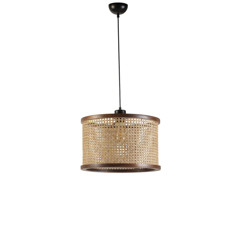 Lustre de couleur noyer avec corps en bois et capuchon en rotin, hauteur réglable de 27,6 à 39,4 pouces | Peinture statique au four sur pièces métalliques, douille E27 de 40 W maximum | Éclairage élégant pour la salle à manger et les espaces de vi
