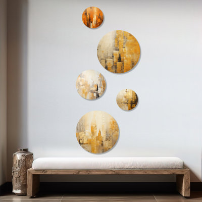 «Modern Cityscape Skycraper Bronze Blocks II - Skyscrapers», ensemble d'art mural rond sur 5