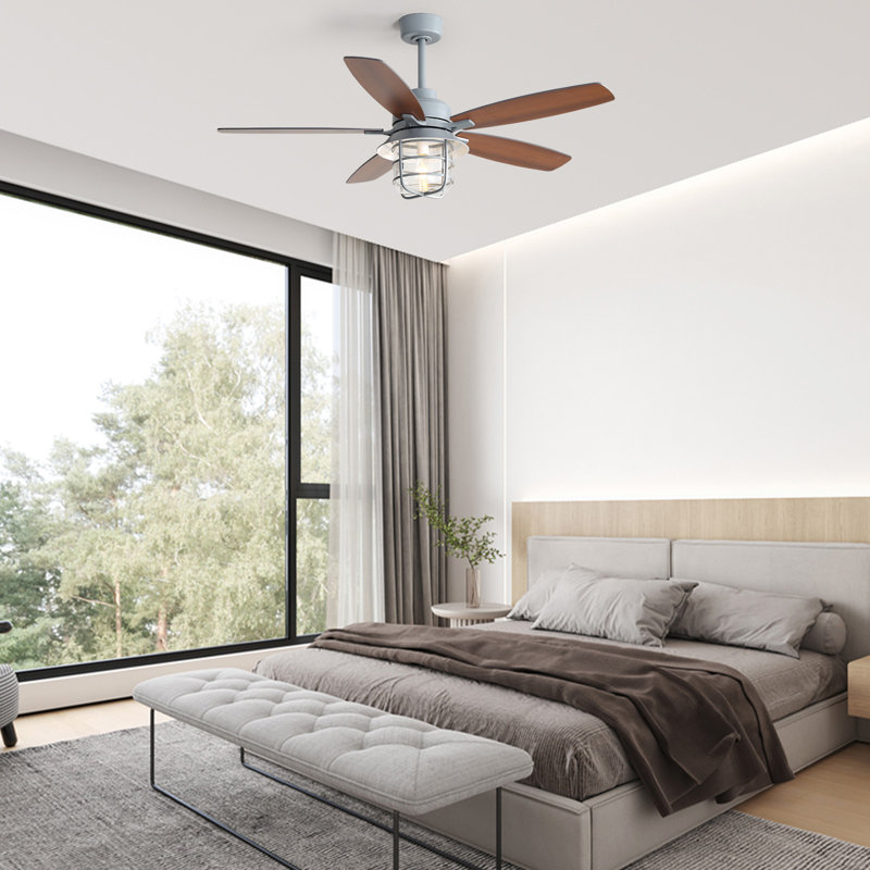 Ventilateur de plafond 52 po avec tige en ciment et lumière en verre artisanal et moteur à courant continu silencieux
