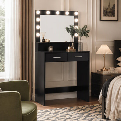 Bureau de coiffeuse avec miroir et lumières, coiffeuse avec grand tiroir, rangement à 2 niveaux, 3 modes d'éclairage, luminosité réglable pour la chambre à coucher