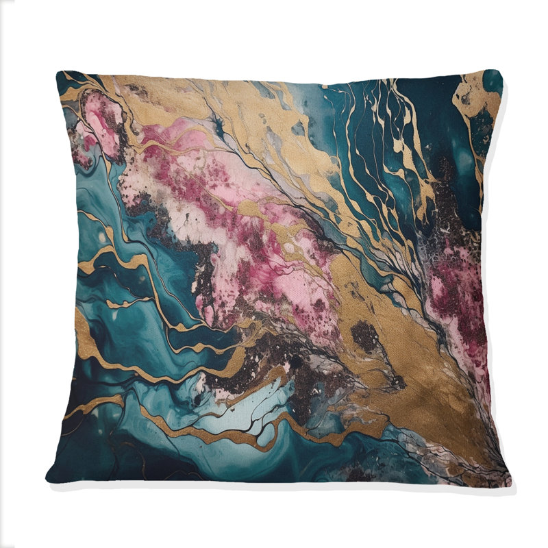 Exploration des profondeurs de la géode d'or rose II - Coussin décoratif imprimé en marbre abstrait