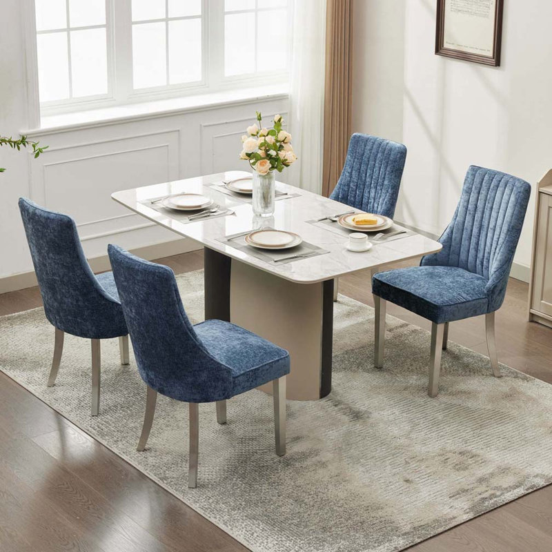 Chaises de salle à manger en chenille, Argent argent, Bleu