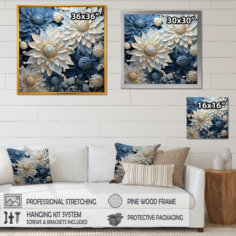 Décoration murale «Pure White» et «Blue Chrysanthemums Beauty I - Chrysanthemums», H 30 po x l 30 po x P 1 po