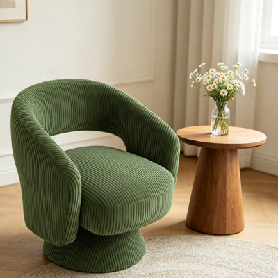 Green Corduroy 360° Swivel Accent Chair, Modern Barrel Armchair with Curved Backrest