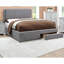Lit tapissier en tissu gris pour chambre à coucher, esthétique contemporaine, lit double, deux tiroirs de rangement, lit en bois d'hévéa, conception, rangement inférieur, structure en peuplier