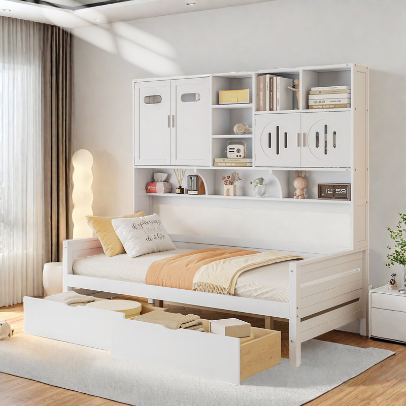 All-in-one Wooden Daybed With 2 Drawers, Cabinets And Shelves, Twin, White