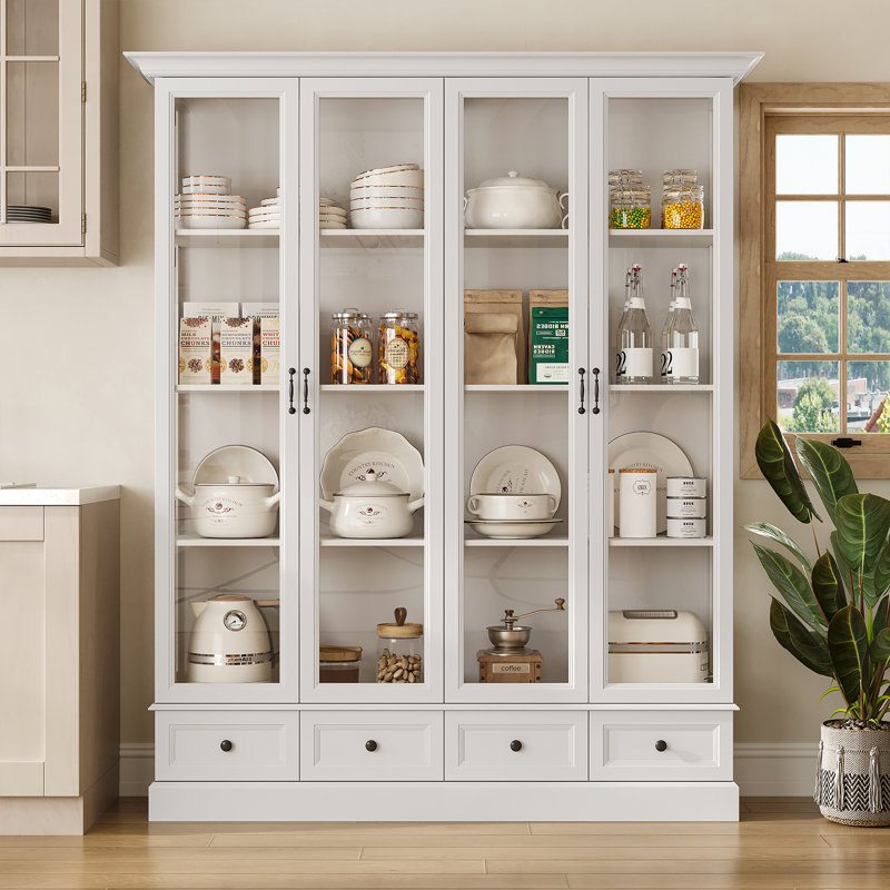 78'' Tall Display Cabinet With 4 Drawers And Adjustable Shelves, White