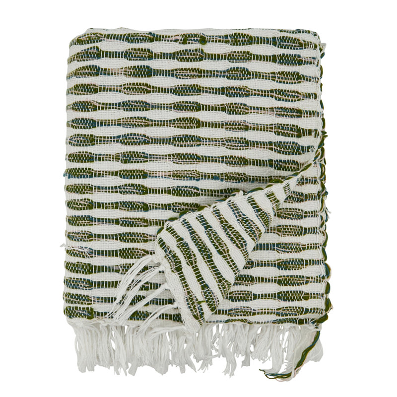 Green and White Woven Cotton Acrylic Throw Blanket