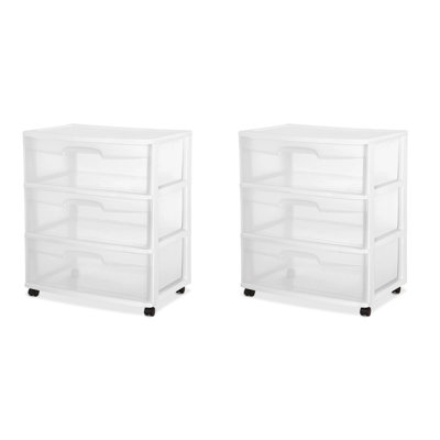 Sterilite Home 3 Drawer Wide Storage Cart Portable Container W/Casters (2 Pack)