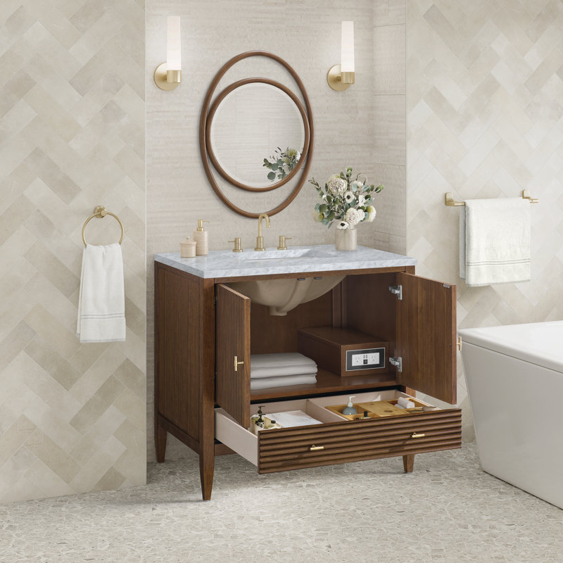 Myrrin 36'' W Single Vanity, Carrara White, Mid-Century Walnut, 8" Widespread