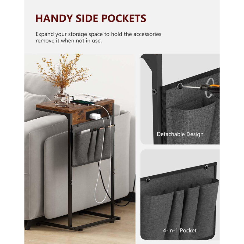 C-Shaped End Table With Charging Station And Storage Bag, Compact Side Table For Couch, Recliner, And Sofa, Ideal For Living Room And Bedroom