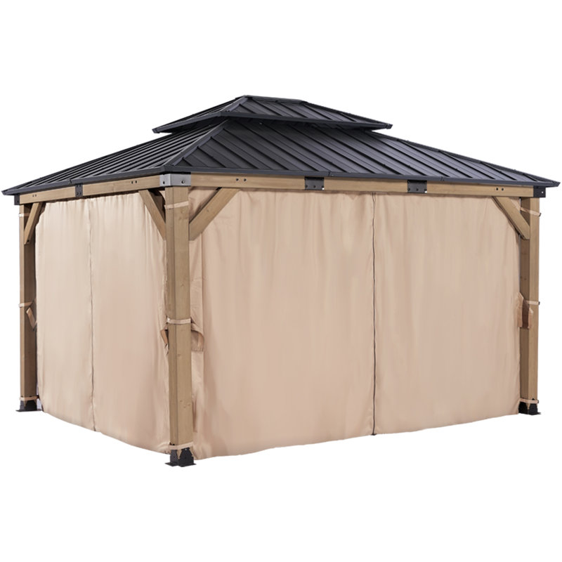 Solid Cedar Wood Patio Gazebo With Curtains And Mesh Screens, 14 Ft. W x 12 Ft. D