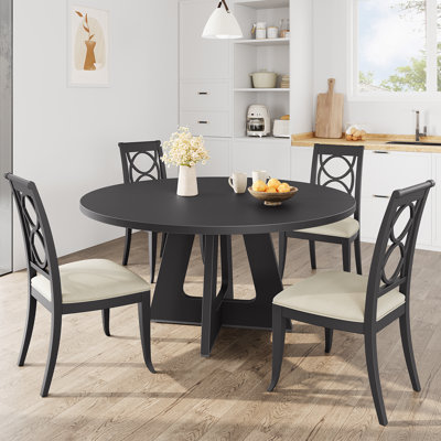 47-Inch Round Large Dining Table, Wooden Kitchen Table Set for 4 to 6, Farmhouse Dinner Table with Wooden Top and Legs for Home Dining Room or Living by Ophelia & Co.