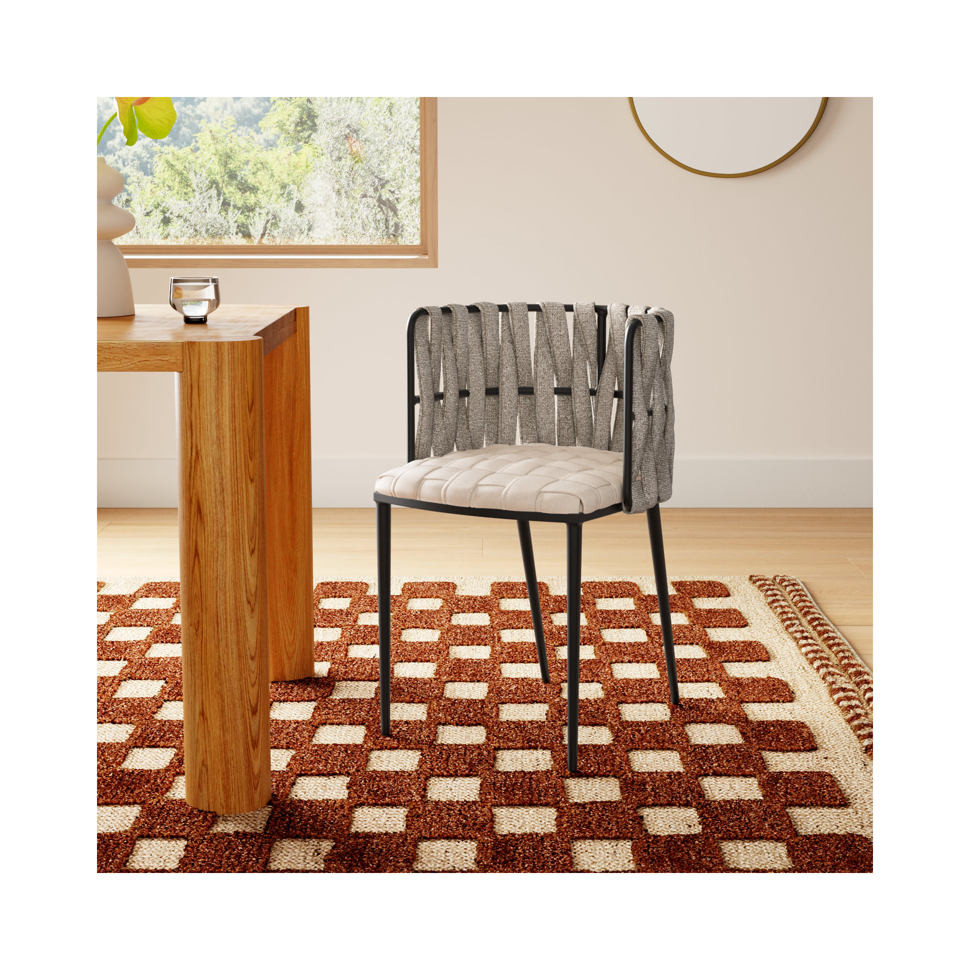Tyrone Tufted Dining Arm Chair, Black, Off White Faux Leather