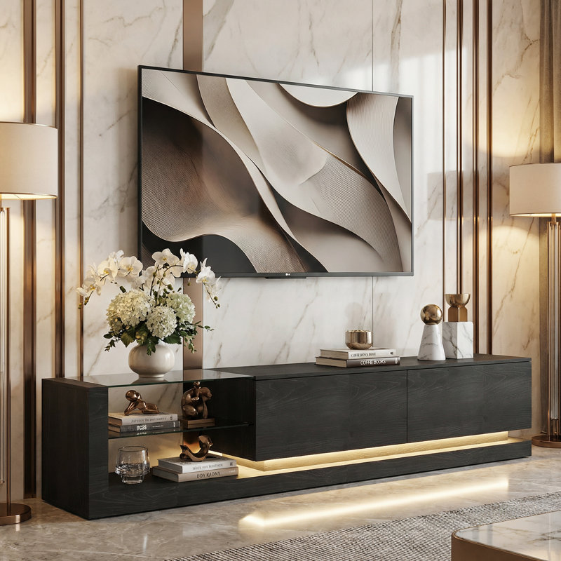89'' W 2-Drawer Sleek TV Stand Media Console With Ambient Lighting And 2-Tier Tempered Glass, Black