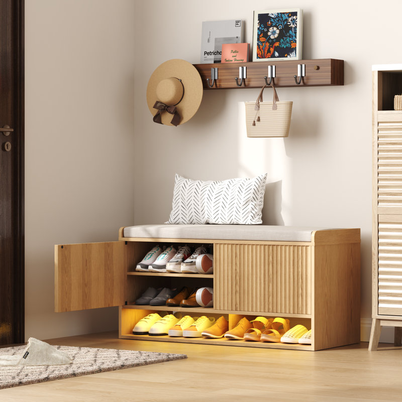 Banc à chaussures 39,4 po avec rangement et lumière DEL, Bois naturel