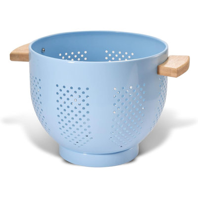 5.5qt Blue Metal Colander With Wood Handle