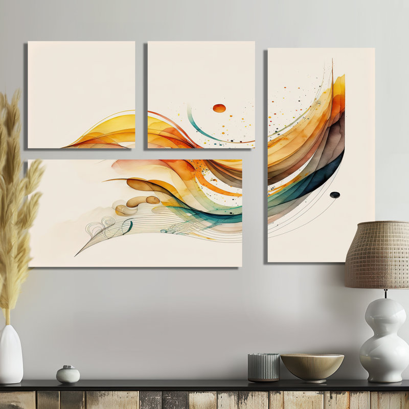 «Burnt Orange Waves Abstract II», art mural abstrait sur toile 4 pièces, Toile tendue, Ne s’applique pas