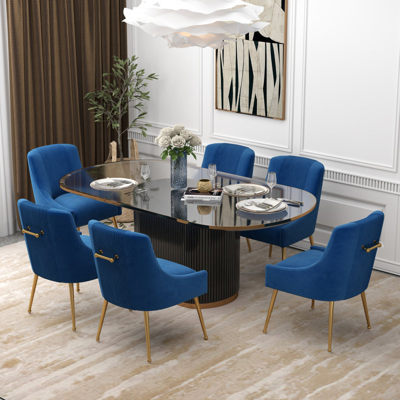 Elian Velvet Upholstered Dining Chair, 6, Navy
