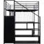 Lit mezzanine double en métal noir avec poste de travail intégré, garde-robe de rangement et escalier sécuritaire