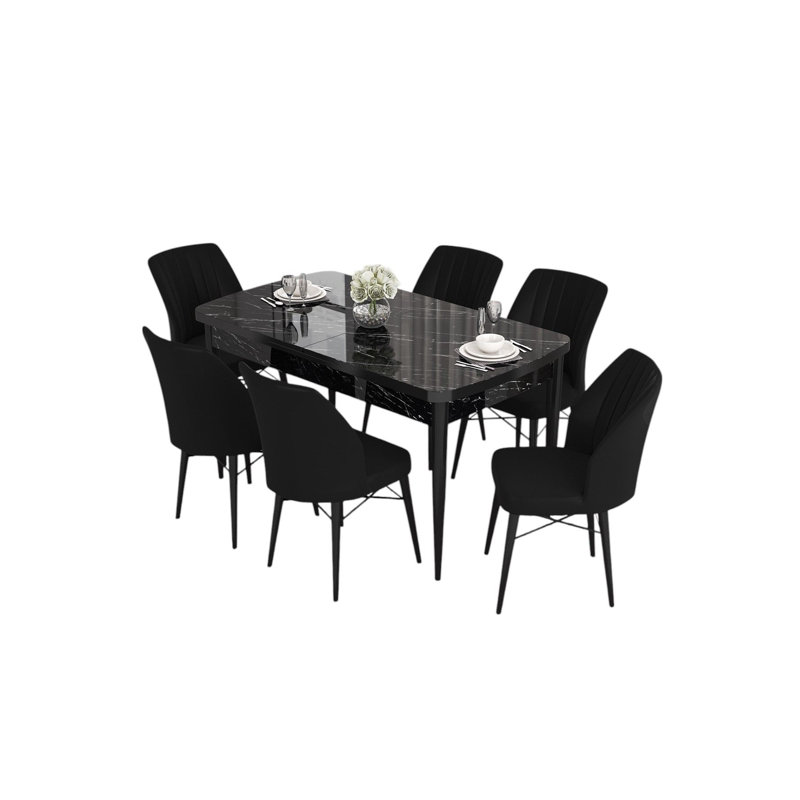 Ensemble de table et chaises de salle à manger moderne extensible (7 pièces), marbre noir et tissu Jerry | Table: 51,2 po x 30,7 po x 31,0 po (extensible jusqu'à 66,9 po) | 100% panneau de fibres à densité moyenne avec pieds en bois et chaises à structure en métal, assise confortable en mousse 28 dns