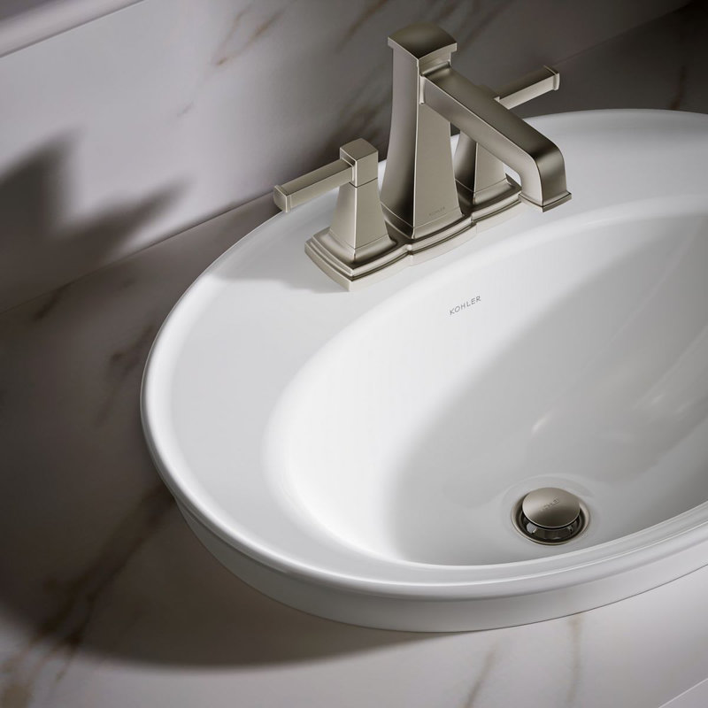 Serif Ceramic Oval Drop-In Bathroom Sink with Overflow, 4'' Centerset, White