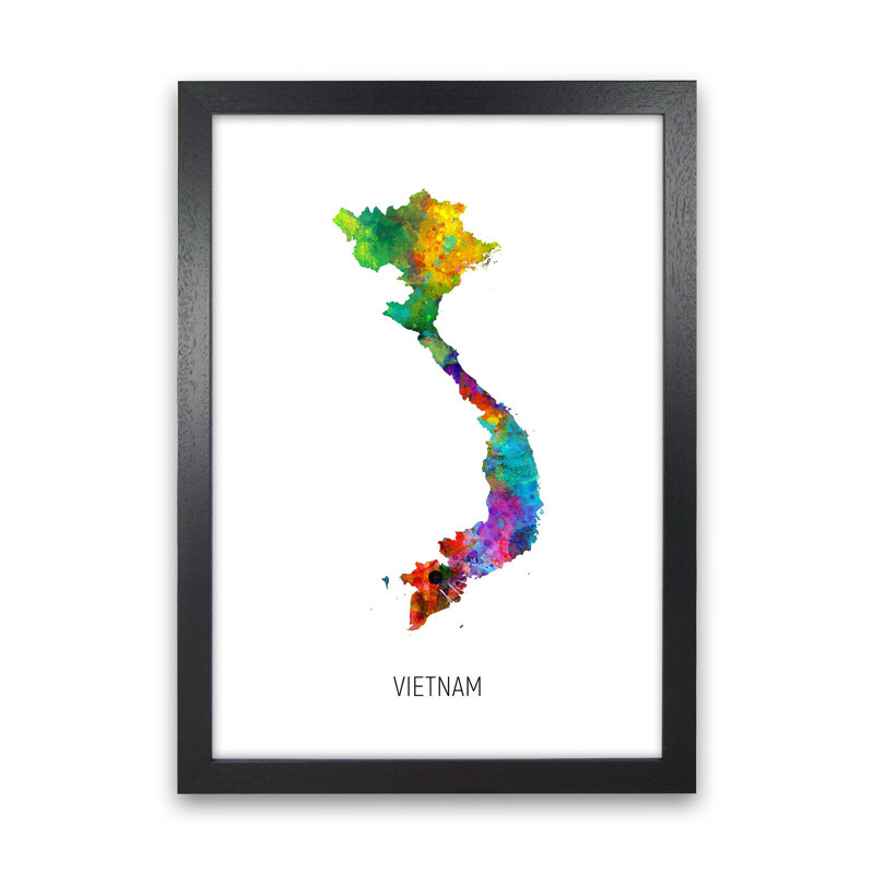 Vietnam Watercolour Map by Michael Tompsett - Print, 63cm H x 46cm W x 3cm D, Black Framed