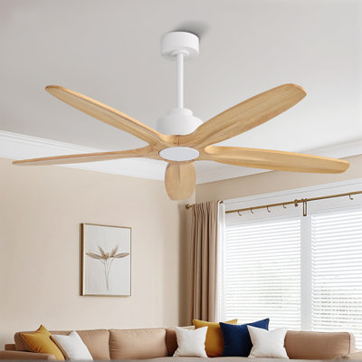  54 In. 5 Solid Wood Blades Indoor Ceiling Fan With Remote Control, Quiet Reversible DC Motor Natural Wood Grain and White