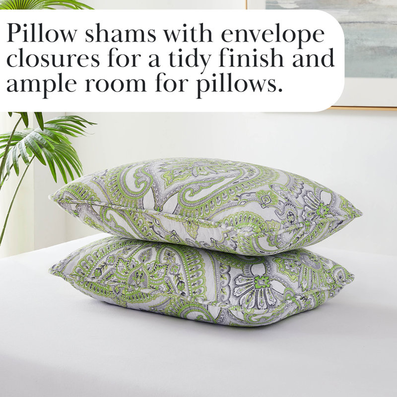 SouthShore Fine Linens Pure Melody Oversized Quilt Set, Embroidered Paisley Double-Brushed Microfiber, Green, King / California King, 2 King Pillow Shams