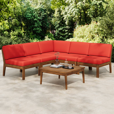Canapé modulaire à 5 places en bois avec coussins hydrofuges et conception à lattes pour zone d'activité extérieure Rouge