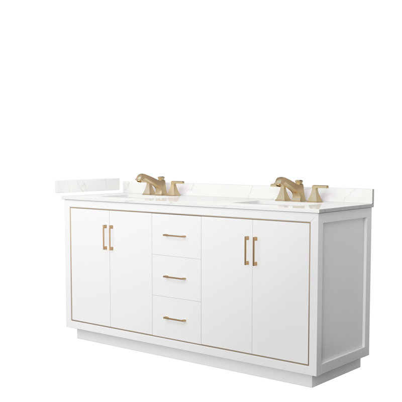 72'' Double Bathroom Vanity with Quartz Top, Giotto Quartz, White, Satin Bronze