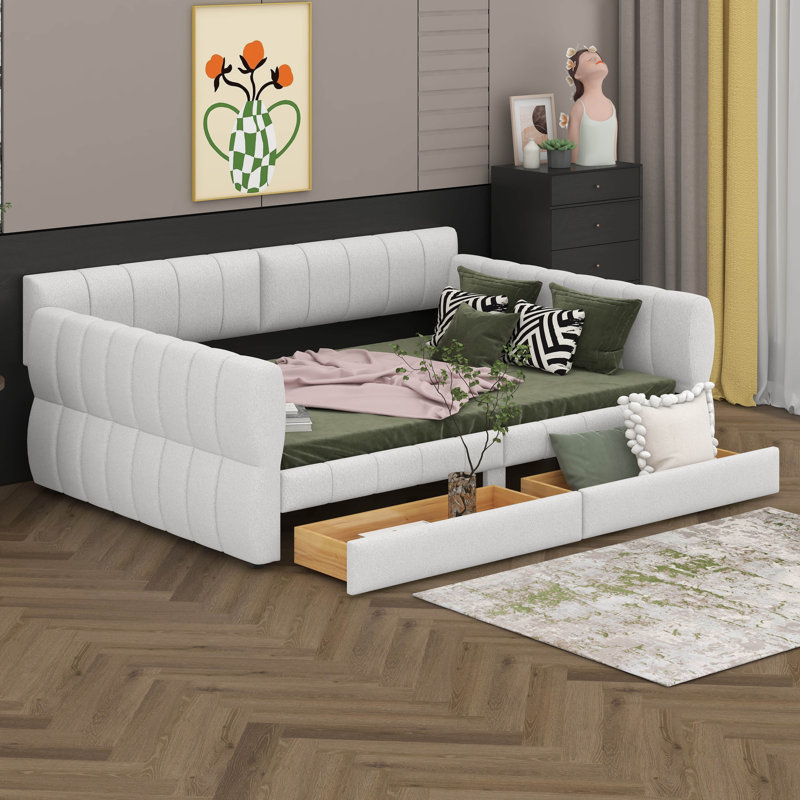 Queen Size Lambswool Upholstery Daybed With 2 Drawers, Corner Sofa Bed Frame With USB For Living Room, Bedroom, White
