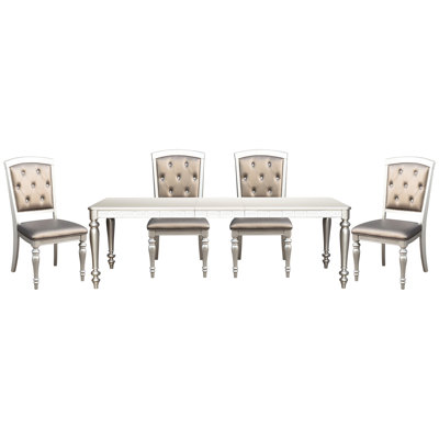 Salle à manger glamour 5 pièces en argent: table et 4 chaises d'appoint avec chaises rembourrées argentées