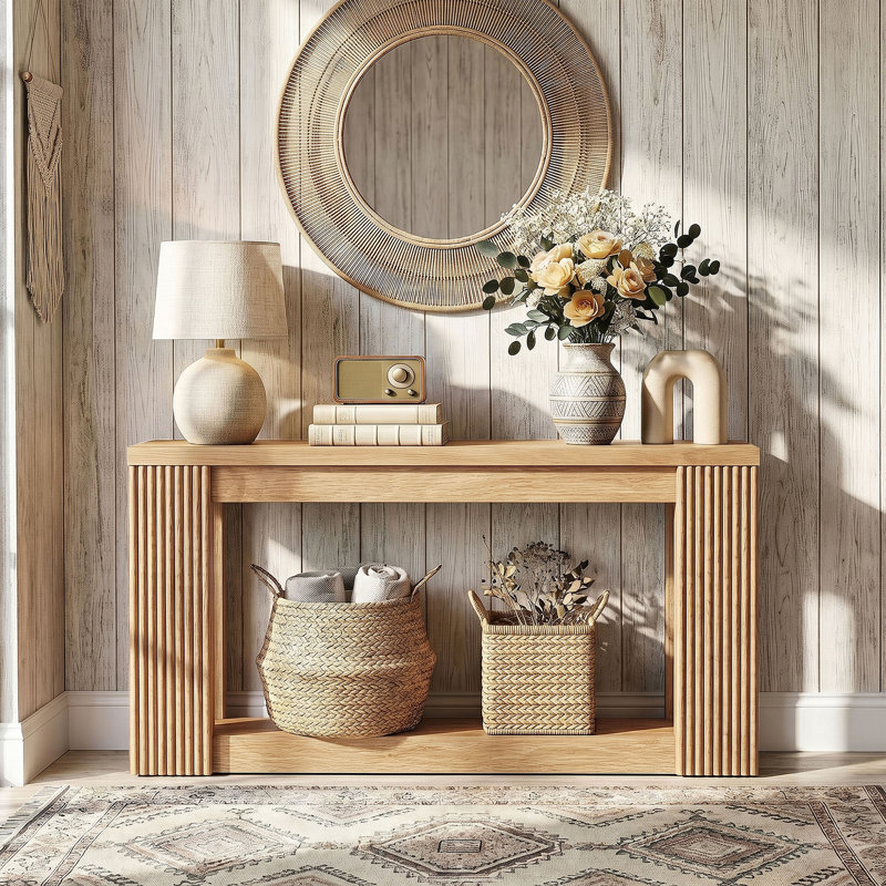Console cannelée en bois avec 2 rangements, table d'entrée rectangulaire de 71 pouces derrière le canapé, Naturel