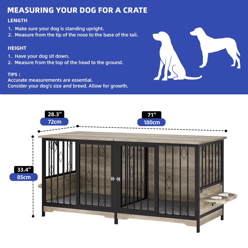 Adjustable Dog Crate Furniture with Rotatable Bowls and Cushions, Black/Gray