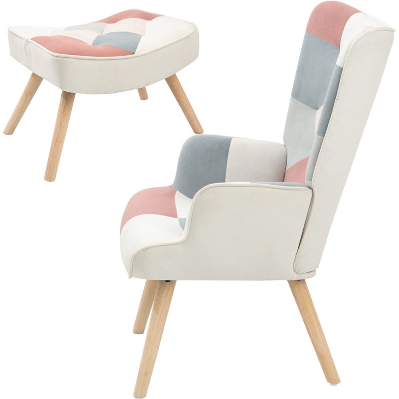 Bohemian Style Accent Chair With Ottoman Set, Patchwork Linen Fabric,330Lbs Capacity, Pink 100% Linen
