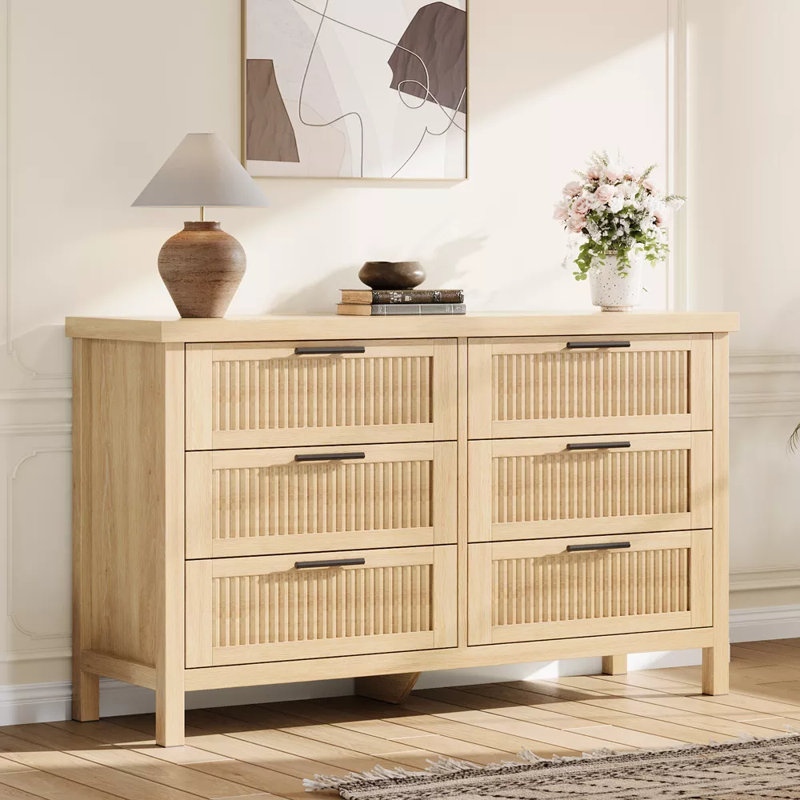 Commode à 6 tiroirs cannelés pour chambre à coucher, commode de style Mid-Century moderne 47,4 po, commode cannelée en bois avec armoire de rangement pour vêtements, organisateur de tiroir pour le salon