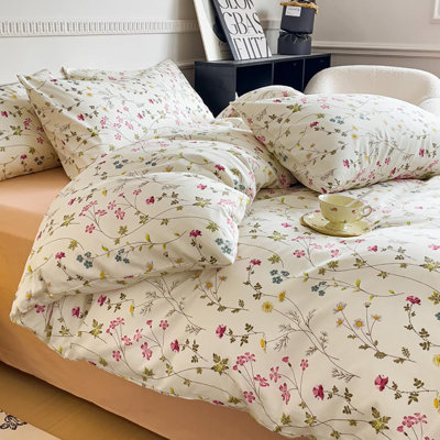 Nayoroom Botanical Floral Beige Pink Flower Duvet Cover Vintage Style Soft 100% Cotton Duvet Cover Set
