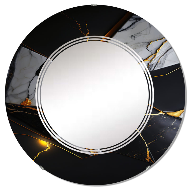 Rainelle - Géode noire abstraite I - Miroir mural abstrait en marbre, 32 po x 32 po