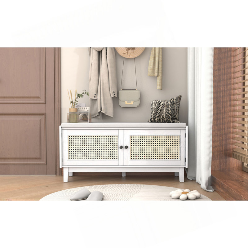 Banc d'entrée en rotin avec rangement Boho, Blanc