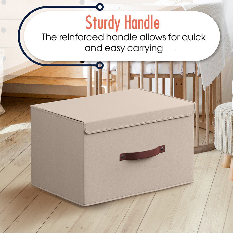 6 Pack Rectangle Storage Shelf Basket Bin with Lid and Leather Handles, Beige, 9" H x 11.8" W x 16.5" D