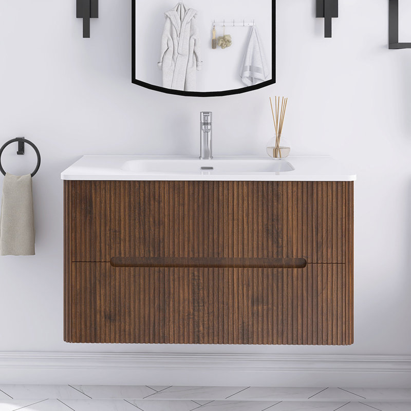 Meuble-lavabo simple 36 po avec comptoir intégré en céramique 36 po, Noyer