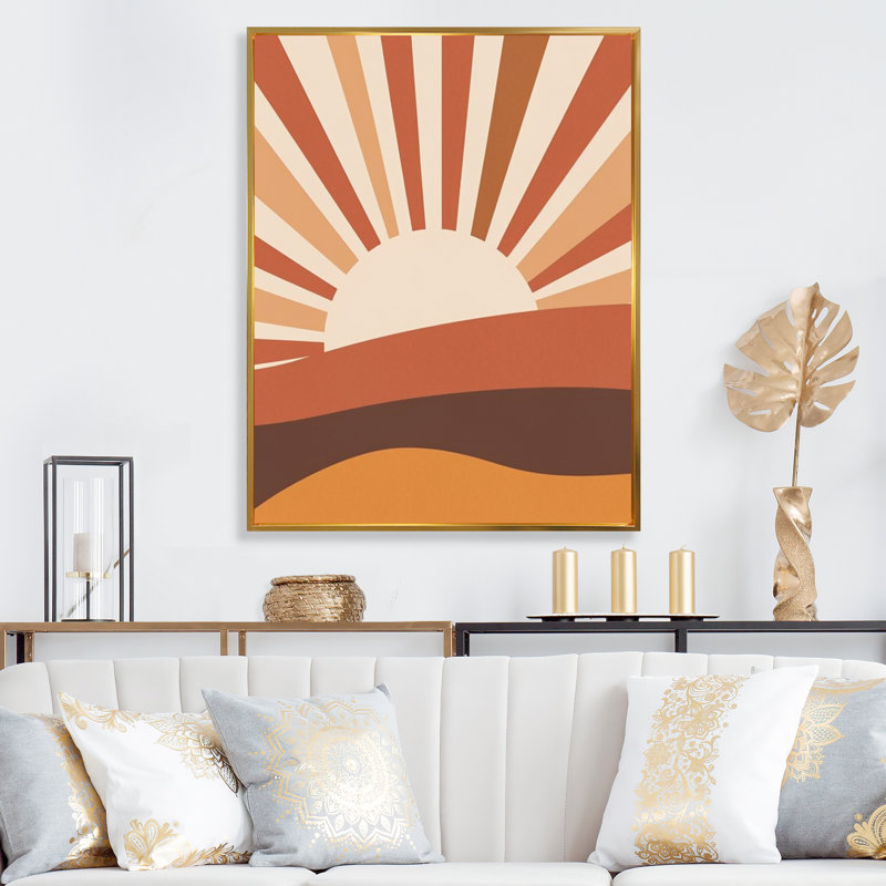 «Retro Terracotta Sun Midcentury Landscape» sur toile, Cadre flottant doré, H 20 po x l 12 po x P 1 po
